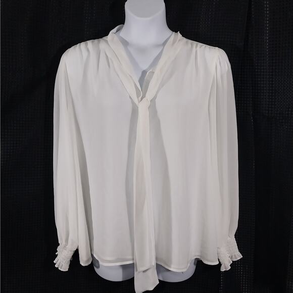 CALVIN KLEIN! WINTER WHITE CHIFFON TIE NECK, PUFF SLEEVE BLOUSE, TOP! SZ 3X - Picture 2 of 9